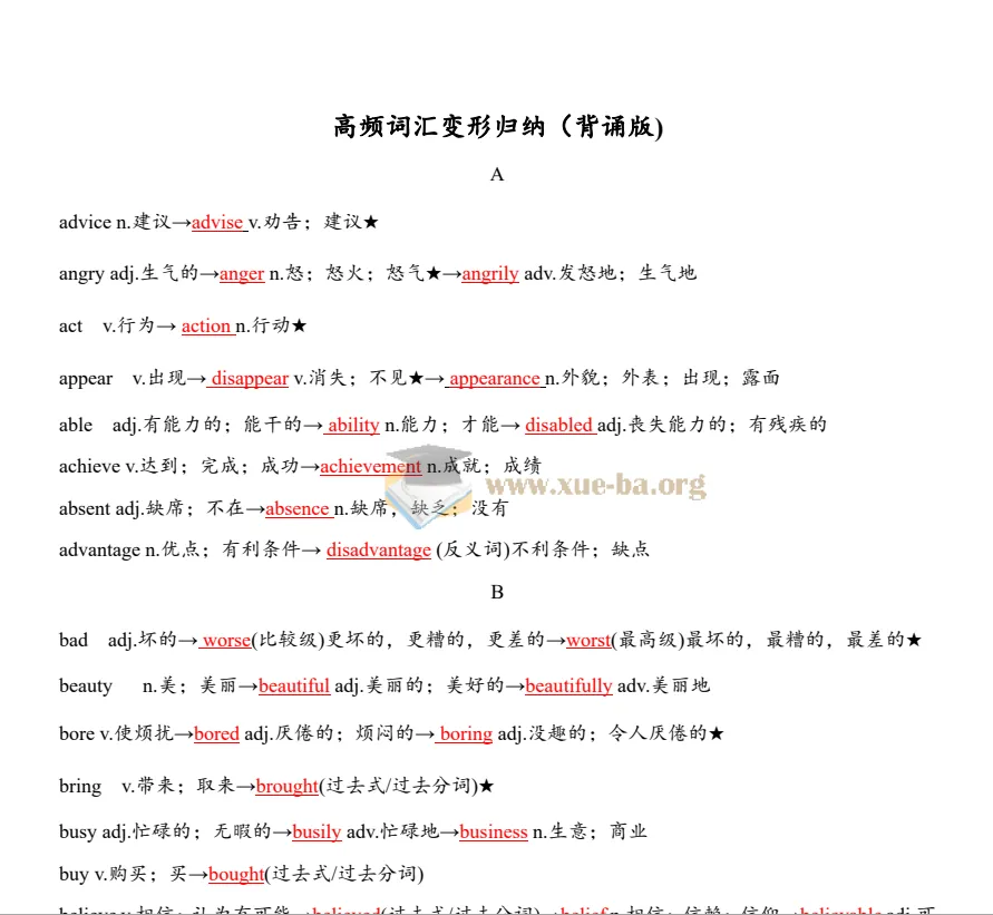 中考英语高频词汇变形归纳(背诵+默写双版本)